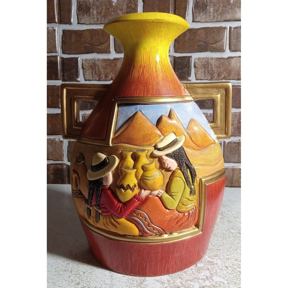 Vintage Hand Carved Enameled Decorative Vase From Ecuador